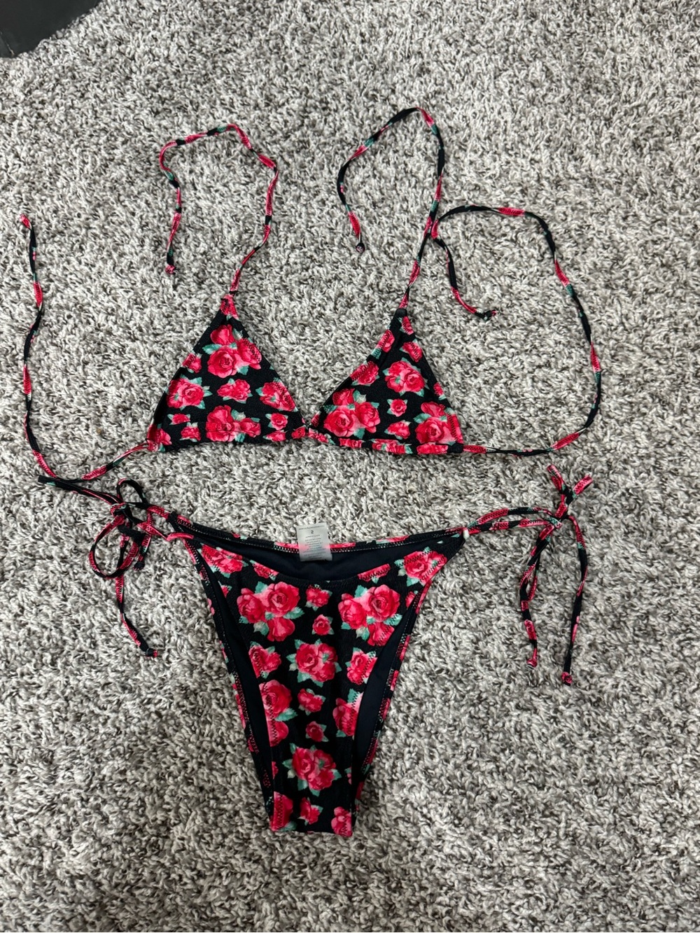 Floral Tie-Side Triangle Bikini Set - Black with Red Roses